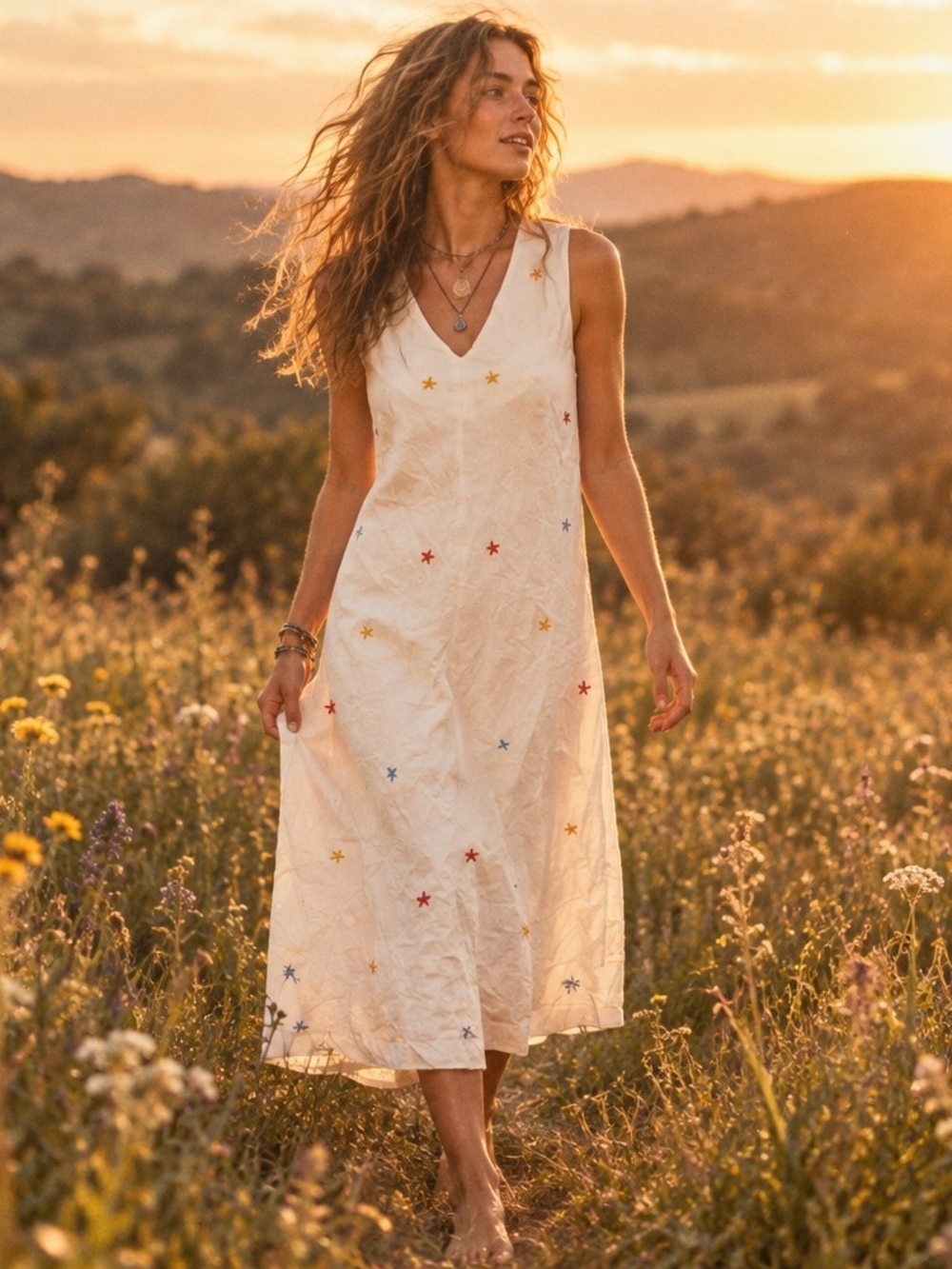 Tommy Hilfiger Cream V‑Neck Midi Dress with Multicolor Star Embroidery